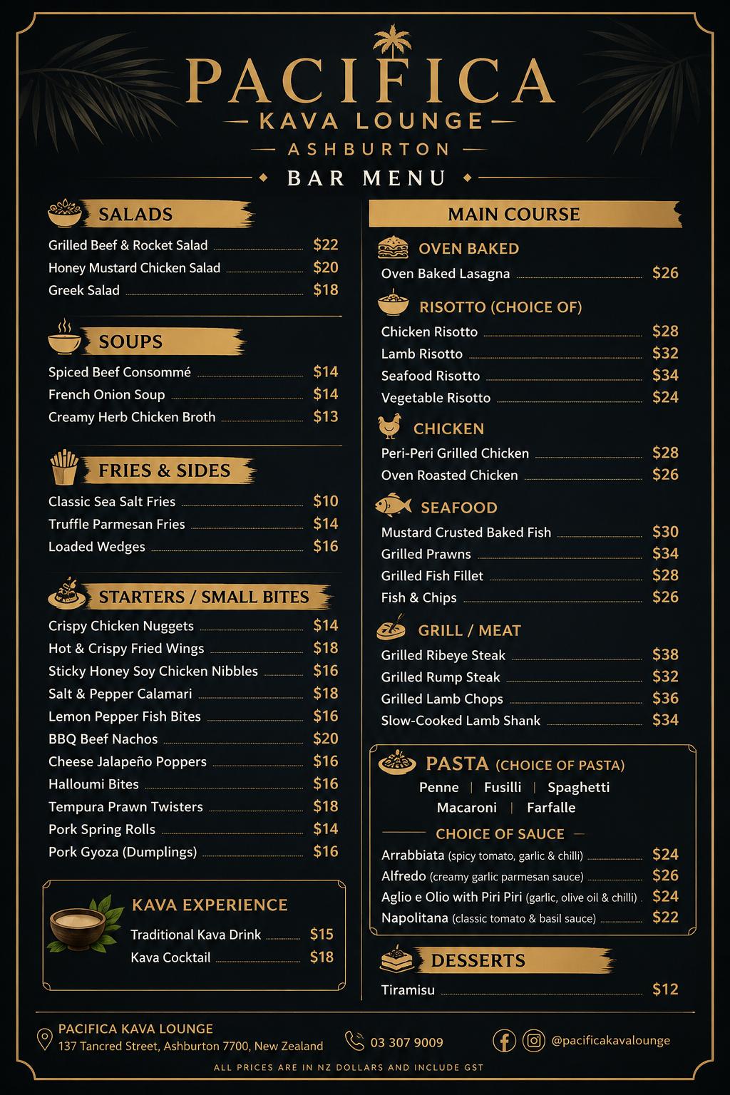 Pacifika Kava Lounge Bar Menu